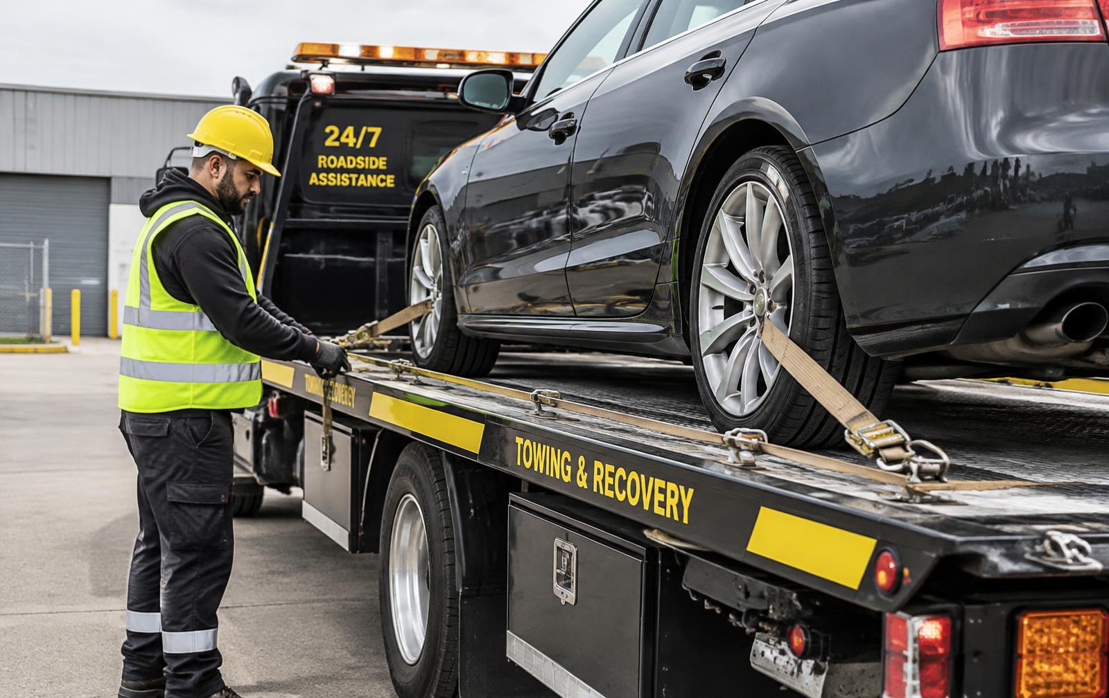 HaulStar operator securing a vehicle on a flatbed tow truck