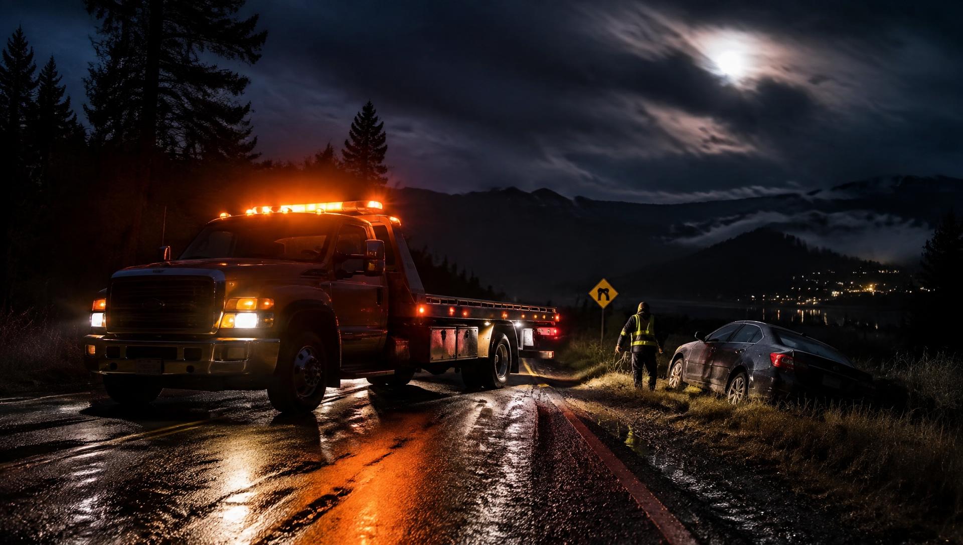 Tow truck with amber lights arriving at a stranded vehicle at night