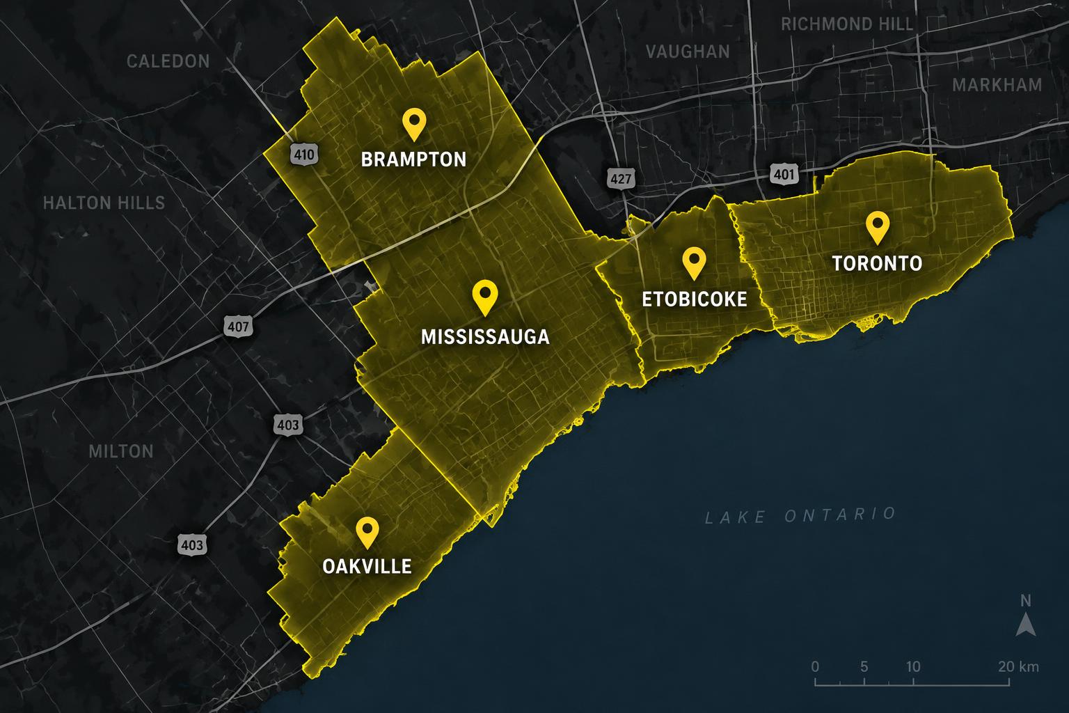 Map of the Greater Toronto Area highlighting HaulStar's service areas: Mississauga, Toronto, Brampton, Etobicoke and Oakville